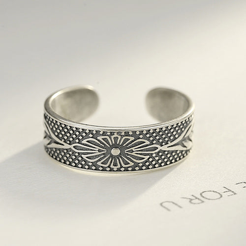 Vintage Sterling Silver 925 Solid Open Rings for Women Embossment Flower Design Retro Finger Adjustable Ring Carving S925