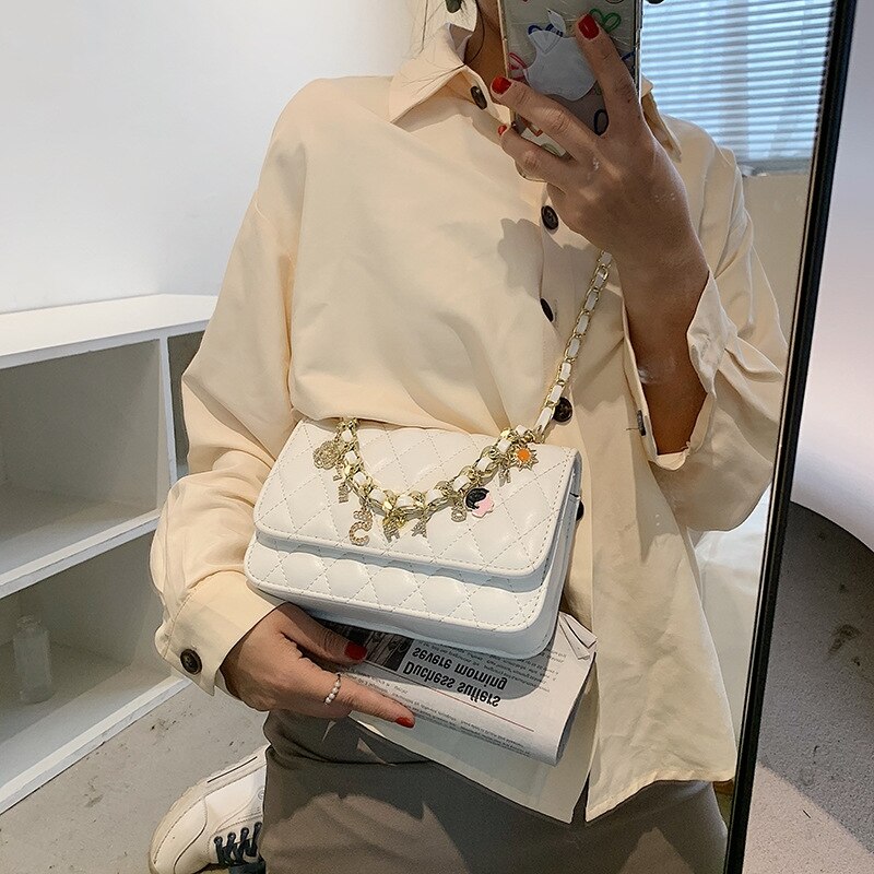 Candy Color Graceful Women's Bag 2022 Chain Single Shoulder Slant Ring Bag Simple Metal Decoration Small Square