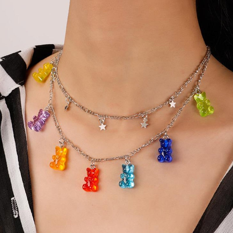 Candy Color Gummy Mini Bear Necklace for Women Christmas Gifts  Collare Star Pendants Necklaces Jewelry Femme Bijoux