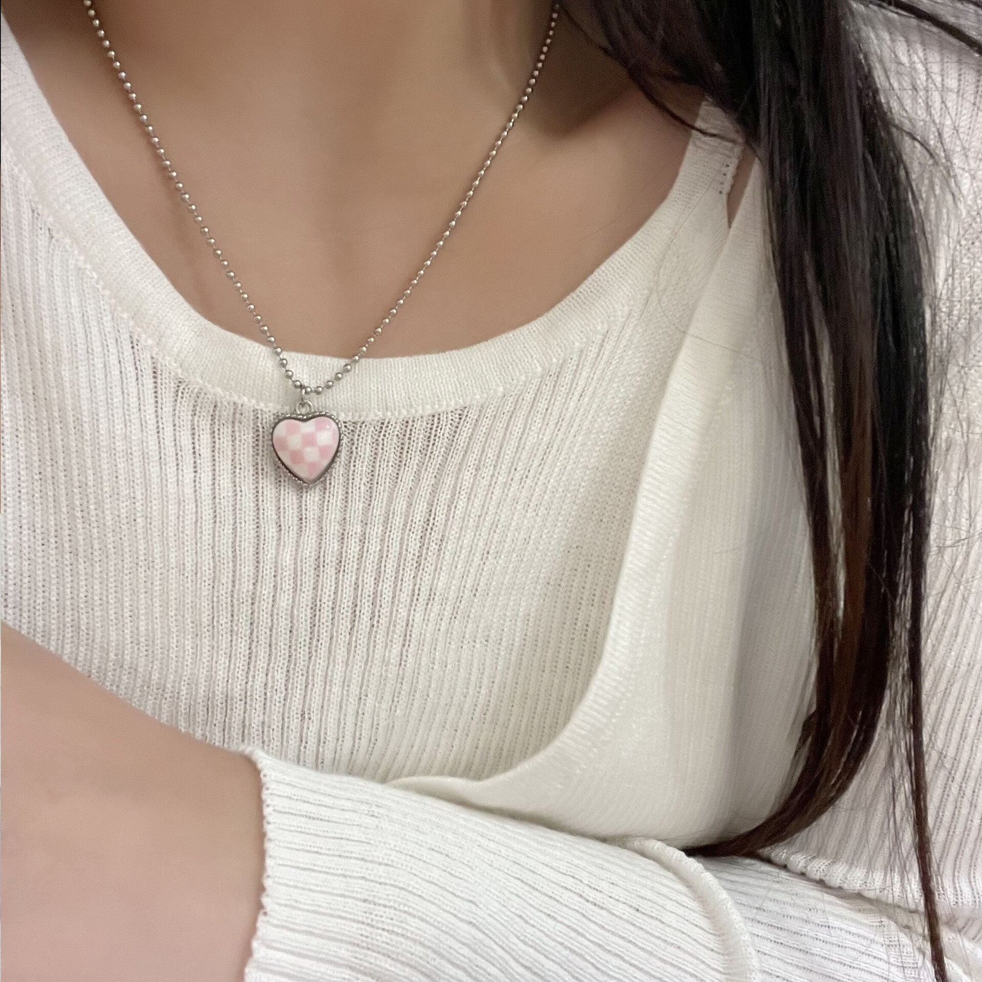 Candy Color Heart Plaid Necklace For Women Egirl Metal Vintage Punk Hiphop Necklace 2022 Trend Charm 90s Aesthetic Emo Jewelry
