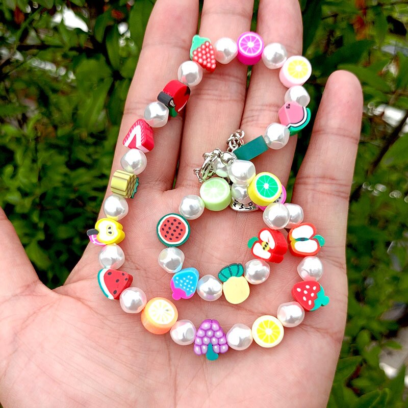 Candy Color Strawberry Apple Lemon Watermelon Star Pearl Fruit Soft Pottery Necklace For Women party Jewelry 2021 New