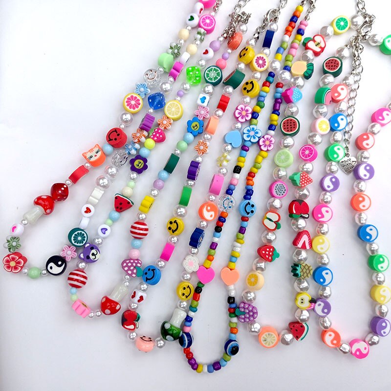 Candy Color Strawberry Apple Lemon Watermelon Star Pearl Fruit Soft Pottery Necklace For Women party Jewelry 2021 New