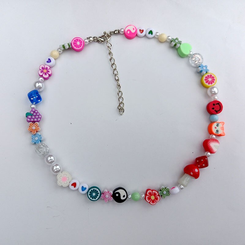 Candy Color Strawberry Apple Lemon Watermelon Star Pearl Fruit Soft Pottery Necklace For Women party Jewelry 2021 New