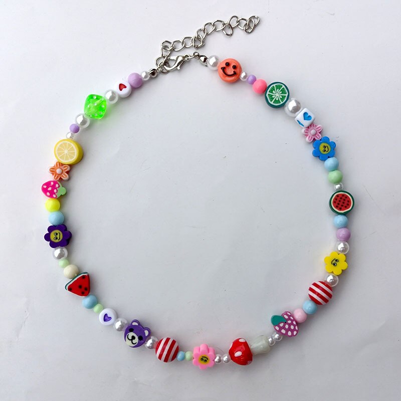 Candy Color Strawberry Apple Lemon Watermelon Star Pearl Fruit Soft Pottery Necklace For Women party Jewelry 2021 New