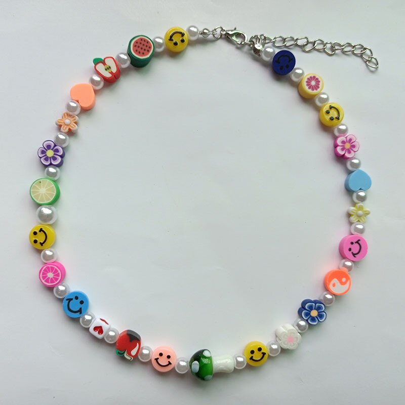 Candy Color Strawberry Apple Lemon Watermelon Star Pearl Fruit Soft Pottery Necklace For Women party Jewelry 2021 New