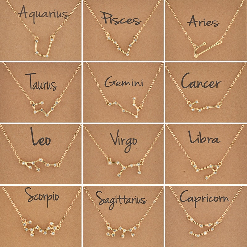 Cardboard Star Zodiac Sign 12 Constellation Necklaces Crystal Charm Gold Chain Choker Necklaces for Women Birthday Jewelry Gift