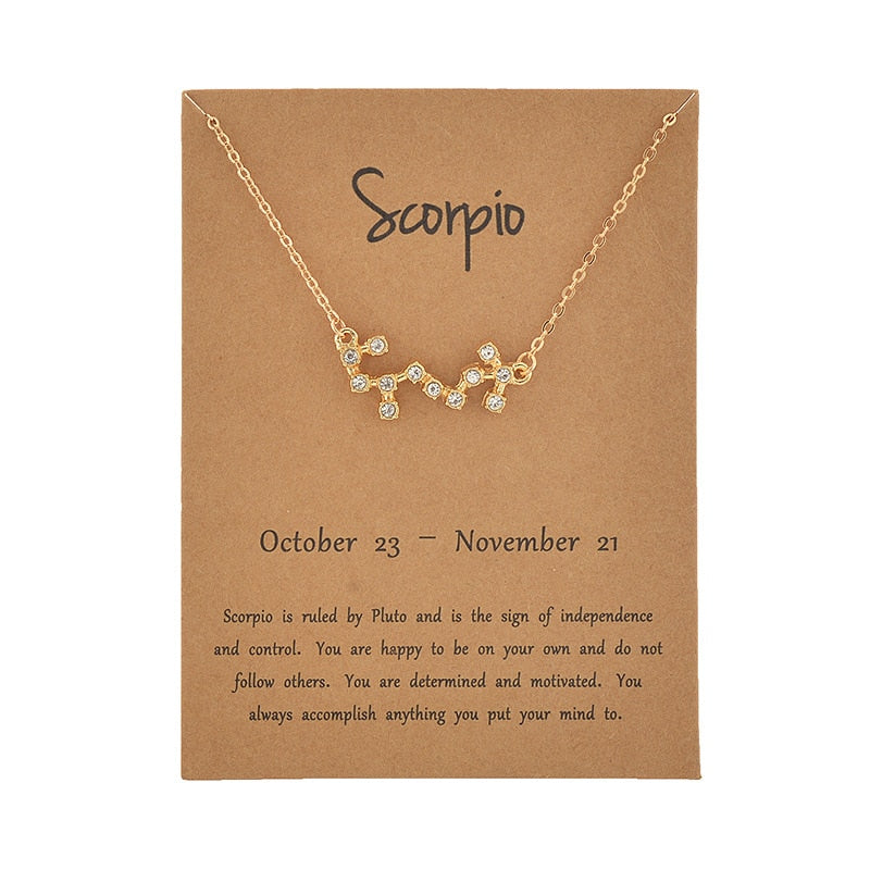 Cardboard Star Zodiac Sign 12 Constellation Necklaces Crystal Charm Gold Chain Choker Necklaces for Women Birthday Jewelry Gift