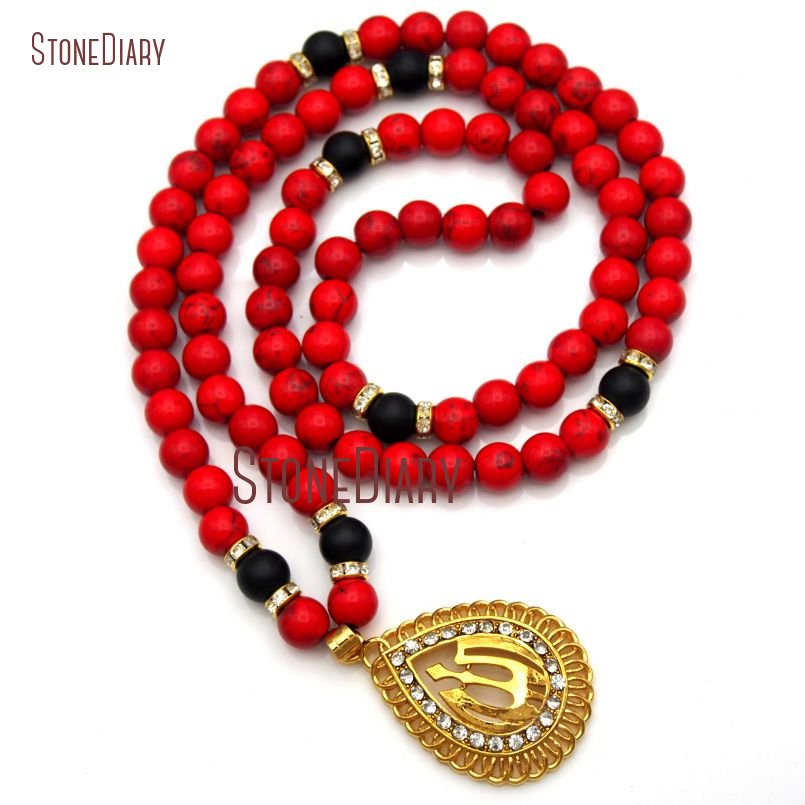 Cardinal Red Synthetic Turquoises Necklace Muslim Crystal Pave Ball Allah Pear Shape Necklace 32inch NM12339
