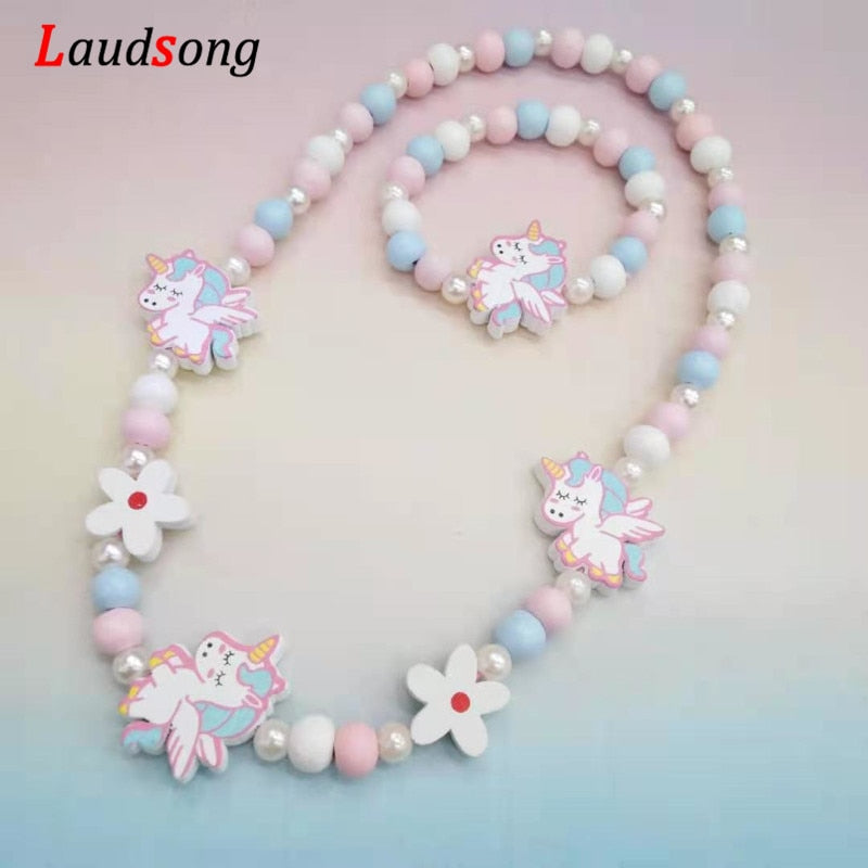 Cartoon Colorful Wooden Unicorn Flower Animal Child Sweater Necklace Bracelet Girl's Gifts Children's Jewelry Kids Toys
