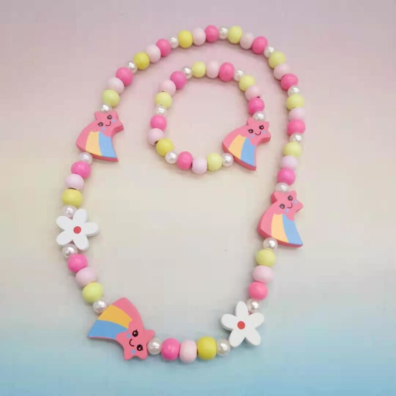 Cartoon Colorful Wooden Unicorn Flower Animal Child Sweater Necklace Bracelet Girl's Gifts Children's Jewelry Kids Toys
