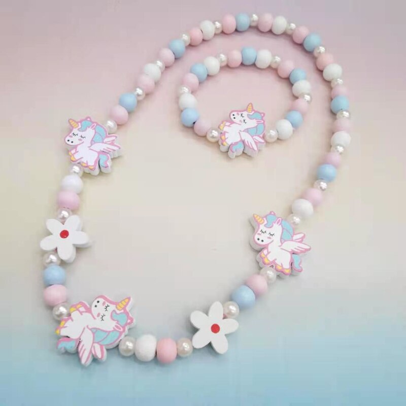 Cartoon Colorful Wooden Unicorn Flower Animal Child Sweater Necklace Bracelet Girl's Gifts Children's Jewelry Kids Toys