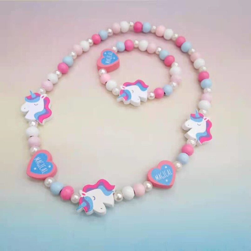 Cartoon Colorful Wooden Unicorn Flower Animal Child Sweater Necklace Bracelet Girl's Gifts Children's Jewelry Kids Toys