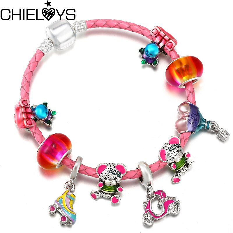 Cartoon Pink Leather Bracelet Air Balloon Pendant Unicorn Cute Bear Beads Charm Bracelets For Women  Jewelry