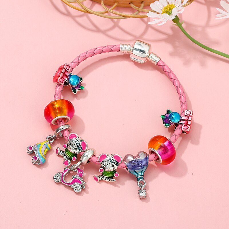 Cartoon Pink Leather Bracelet Air Balloon Pendant Unicorn Cute Bear Beads Charm Bracelets For Women  Jewelry