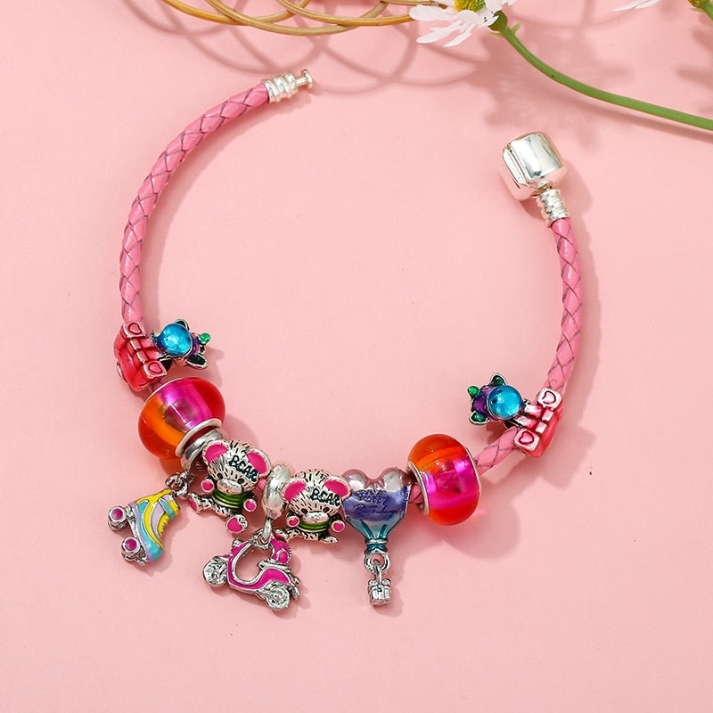 Cartoon Pink Leather Bracelet Air Balloon Pendant Unicorn Cute Bear Beads Charm Bracelets For Women  Jewelry