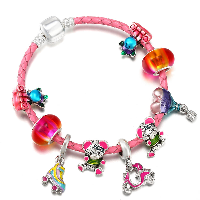 Cartoon Pink Leather Bracelet Air Balloon Pendant Unicorn Cute Bear Beads Charm Bracelets For Women  Jewelry