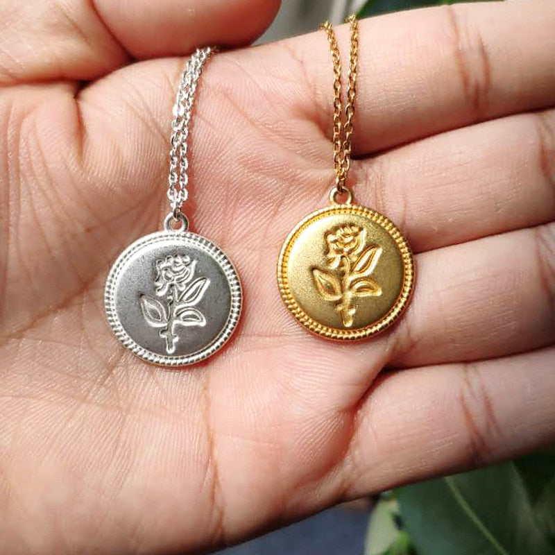 Carved Coin Necklace For Women Stainless Steel Rose Flower Long Chain Necklaces Pendant Collares Vintage Choker Boho Jewelry