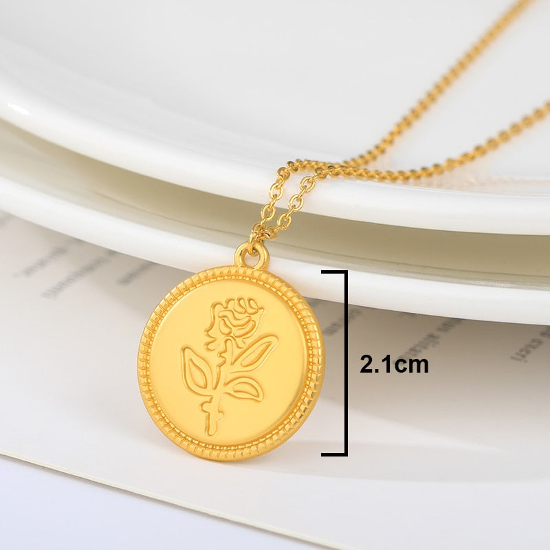 Carved Coin Necklace For Women Stainless Steel Rose Flower Long Chain Necklaces Pendant Collares Vintage Choker Boho Jewelry