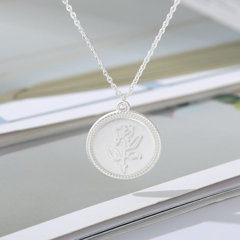 Carved Coin Necklace For Women Stainless Steel Rose Flower Long Chain Necklaces Pendant Collares Vintage Choker Boho Jewelry