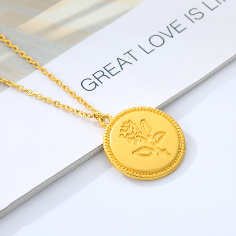Carved Coin Necklace For Women Stainless Steel Rose Flower Long Chain Necklaces Pendant Collares Vintage Choker Boho Jewelry