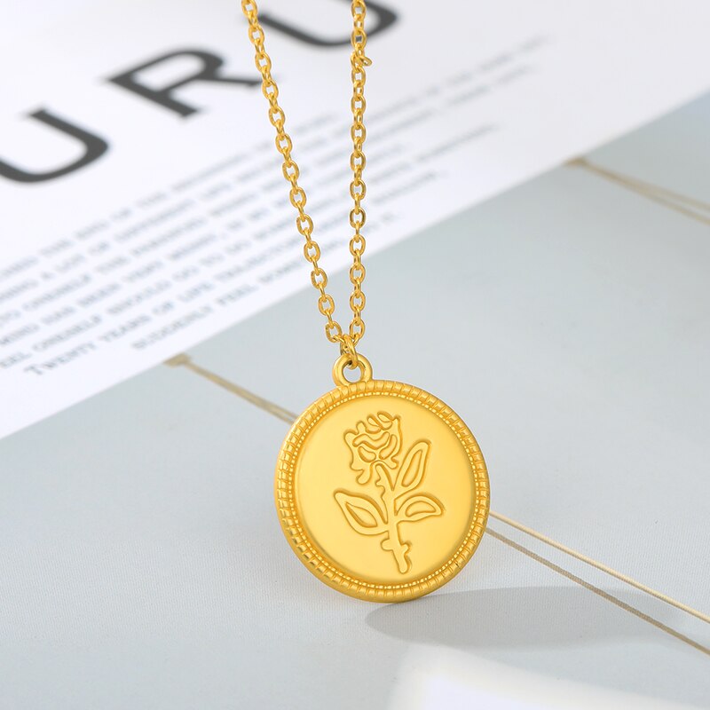 Carved Coin Necklace For Women Stainless Steel Rose Flower Long Chain Necklaces Pendant Collares Vintage Choker Boho Jewelry