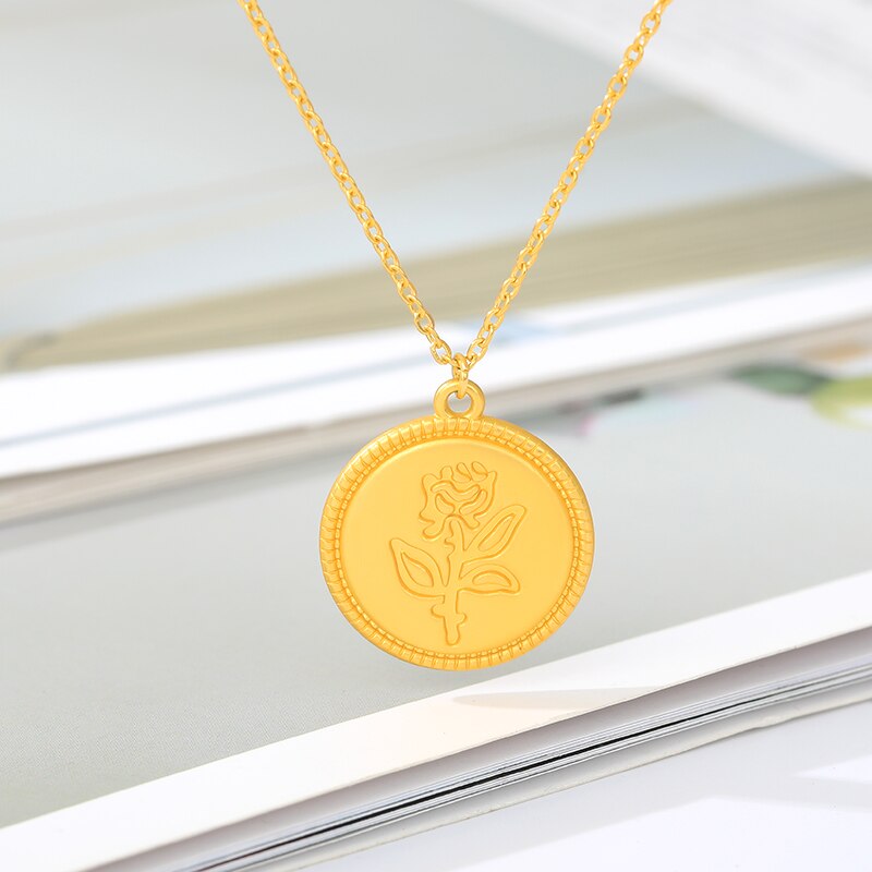 Carved Coin Necklace For Women Stainless Steel Rose Flower Long Chain Necklaces Pendant Collares Vintage Choker Boho Jewelry