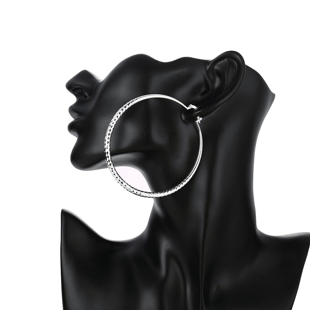 Carving 71mm/7.1cm Women's Hoop Earrings 925 Stamp Silver Color Big Earrings  Charm Jewelry 2022 Christmas GaaBou