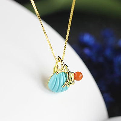 Carving Turquoise Shell Bead Design Gold Color Branch Heart Jewelry 100% 925 Sterling Silver Pendant Necklace Women Wedding Gift