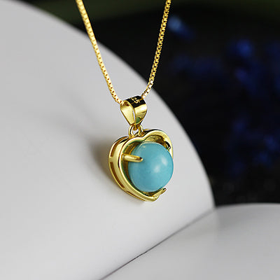 Carving Turquoise Shell Bead Design Gold Color Branch Heart Jewelry 100% 925 Sterling Silver Pendant Necklace Women Wedding Gift