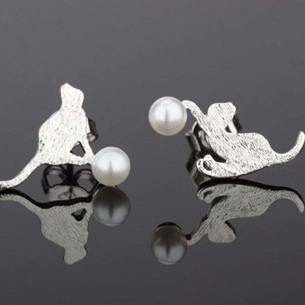 Cat 925 Sterling Silver Jewelry  Pearl Classic Stud Earrings For Women Retro Trendy Wedding Girls Gift Christmas