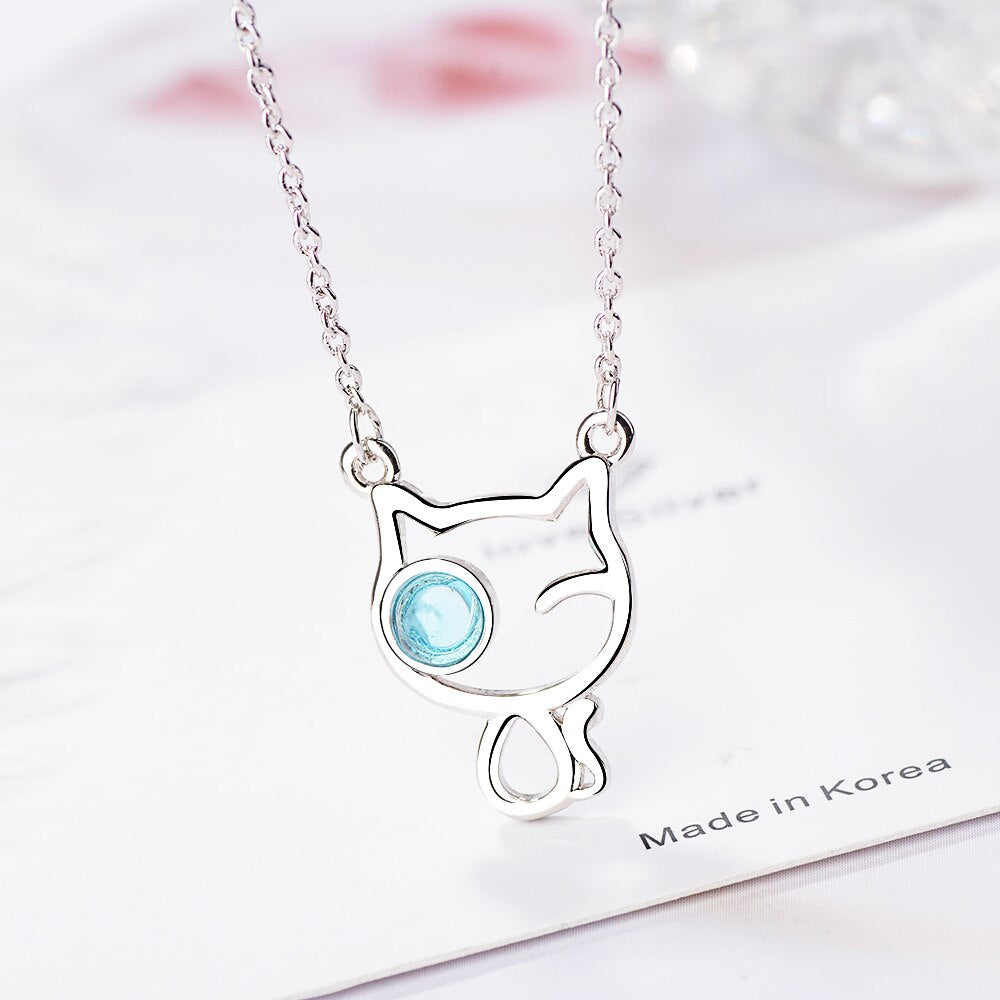 Cat Crystal Pendants And Necklaces For Women 925 Stamp Silver Color Female Wedding Party  Jewelry Gifts