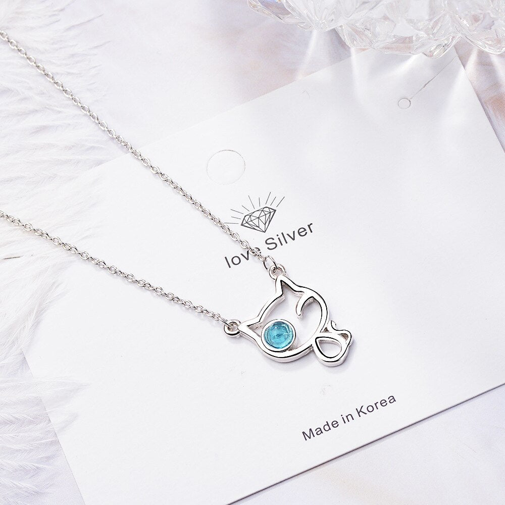 Cat Crystal Pendants And Necklaces For Women 925 Stamp Silver Color Female Wedding Party  Jewelry Gifts