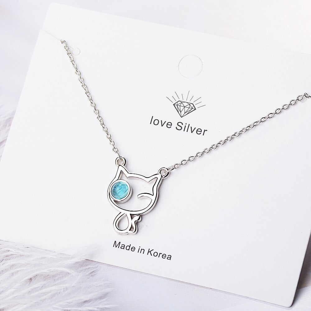 Cat Crystal Pendants And Necklaces For Women 925 Stamp Silver Color Female Wedding Party  Jewelry Gifts