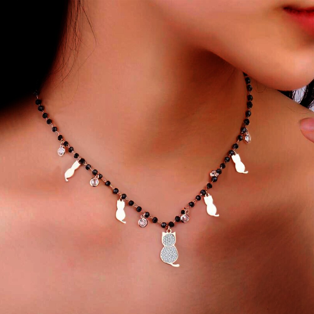 Cat Crystal Pendent Neckalce Multi Charms Beaded Chain Stainless Steel Chokers Necklaces for Women Trend Jewelry Gift 2022