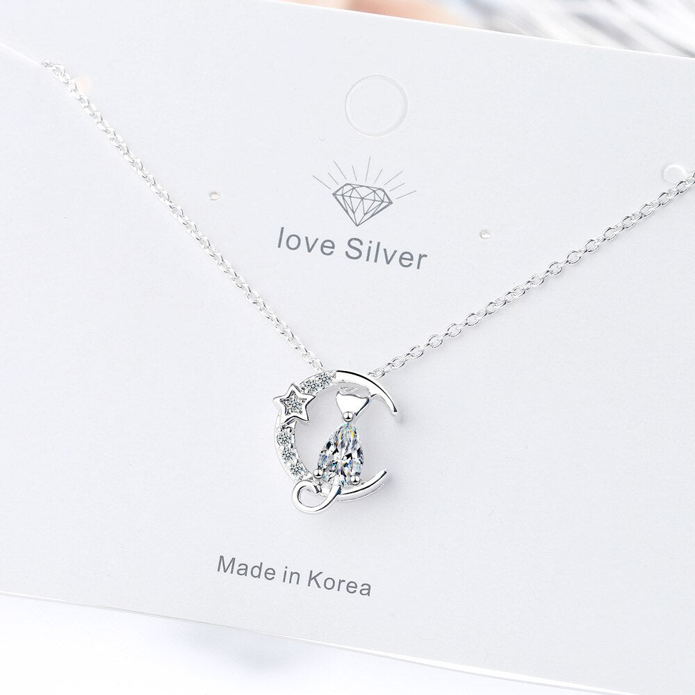 Cat Moon Pendants And Necklaces 925 Stamp Silver Color Zircon Necklace For Women  Wedding Jewelry 2022