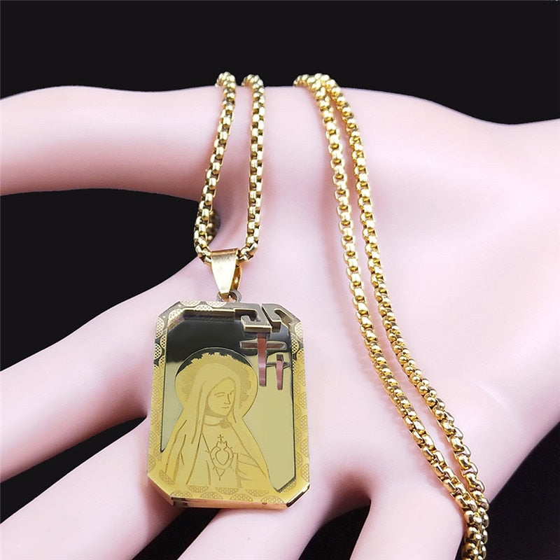 Catholic Goddess Cross Stainless Steel Virgin Mary Necklace Chain Gold Color Men/Women Multilayer Jewelry chaine homme N6001S05