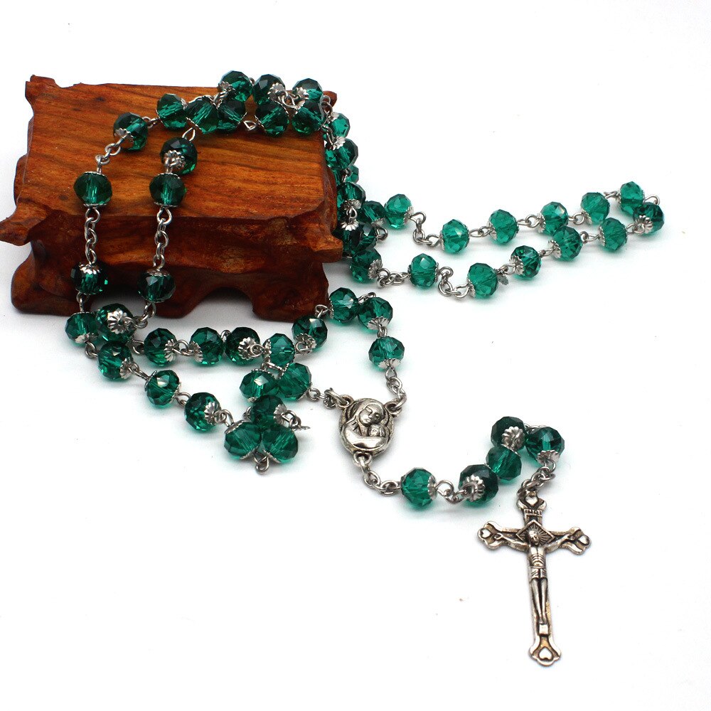 Catholic Green Crystal Rosary Crucifix Cross Pendant Necklace Jesus Christ Virgin Mary Jewelry Church Prayer Supplies