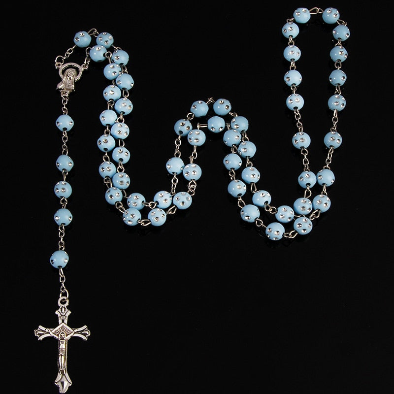 Catholic Star Maria Necklace Imitation Water Brick Crystal Rosary Cross Necklace Statement Colored Beads Cross Religious Necklac