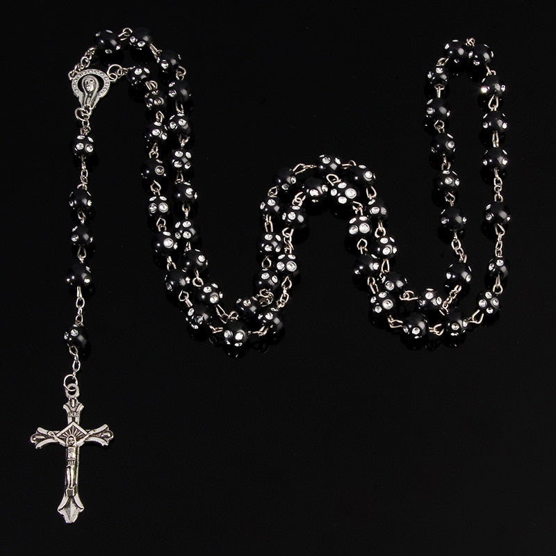 Catholic Star Maria Necklace Imitation Water Brick Crystal Rosary Cross Necklace Statement Colored Beads Cross Religious Necklac