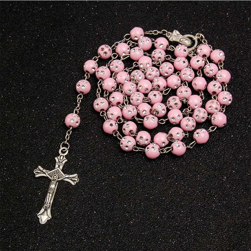 Catholic Star Maria Necklace Imitation Water Brick Crystal Rosary Cross Necklace Statement Colored Beads Cross Religious Necklac