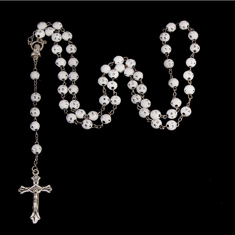 Catholic Star Maria Necklace Imitation Water Brick Crystal Rosary Cross Necklace Statement Colored Beads Cross Religious Necklac