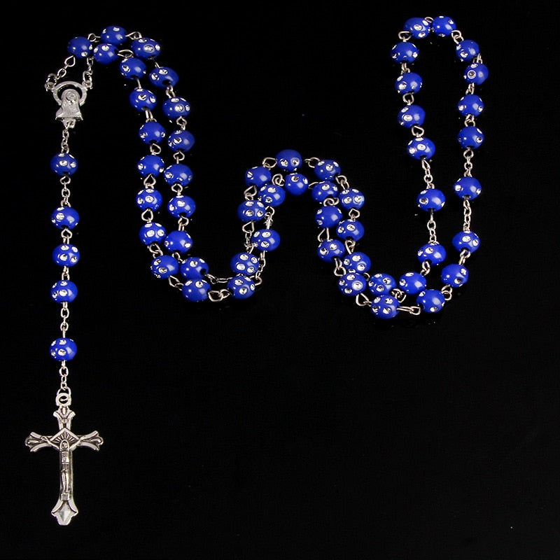 Catholic Star Maria Necklace Imitation Water Brick Crystal Rosary Cross Necklace Statement Colored Beads Cross Religious Necklac