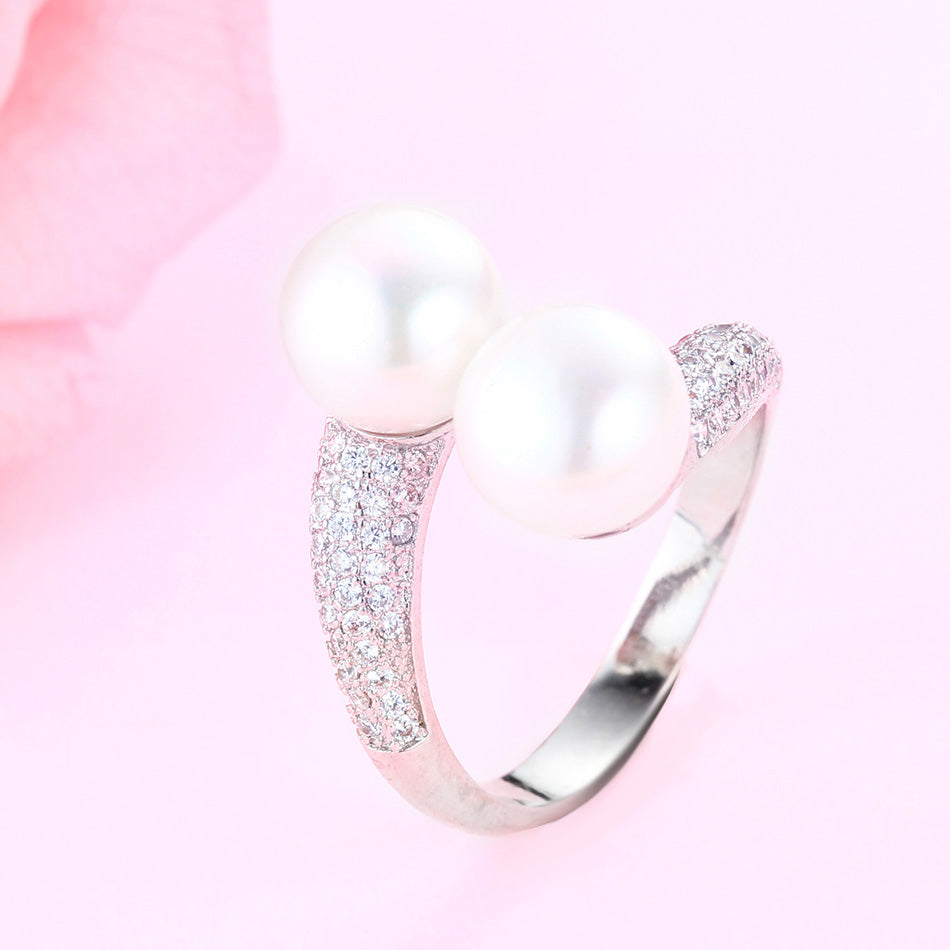 CauuevHigh Quality 925 Sterling Silver Double Pearls Rings AAA Cubic Zircon 2020 New Fashion Jewelry Vintage Wedding Rings Gifts