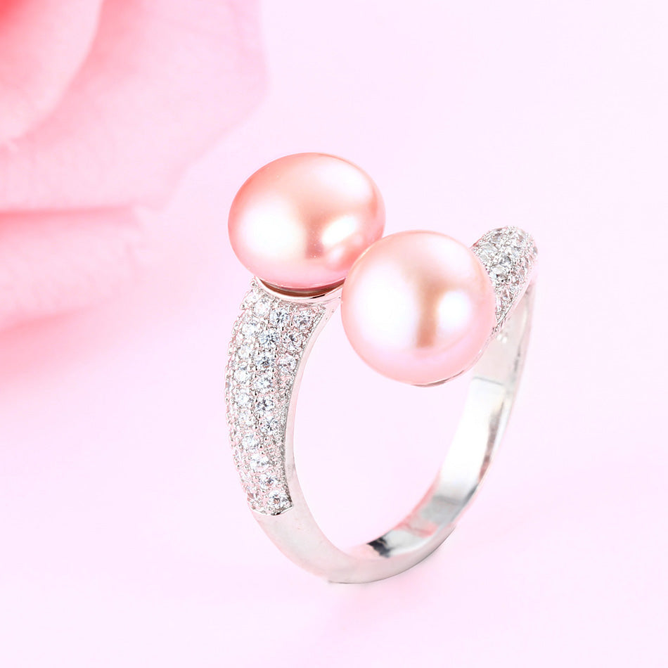 CauuevHigh Quality 925 Sterling Silver Double Pearls Rings AAA Cubic Zircon 2020 New Fashion Jewelry Vintage Wedding Rings Gifts