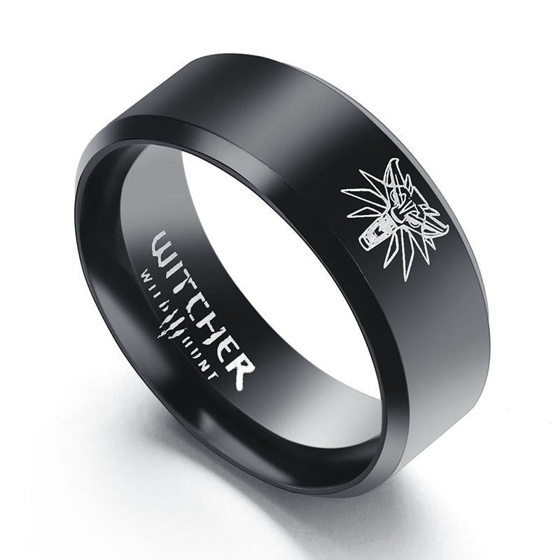 Caxxby Brand Game The Witcher 3 Wild Gold Hunting Ring Stainless Steel Medallion Black and gold Rings for Men Punk Wolf Rings