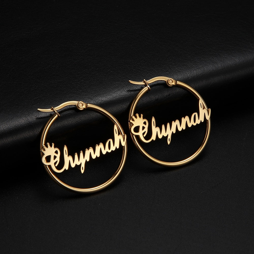 Cazador Custom Name Hoop Earrings Personalized Gold Color Stainless Steel For Earrings Women Letter Nameplate Circle Jewelry
