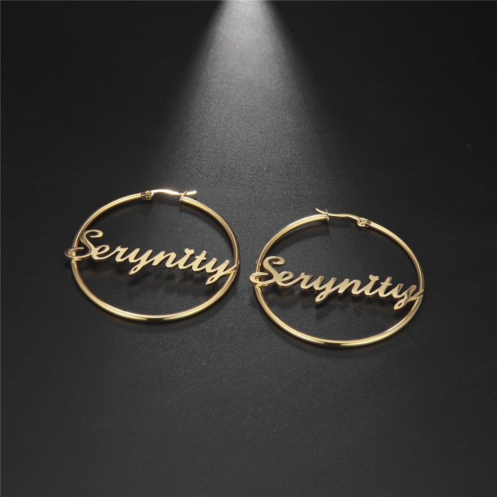 Cazador Custom Name Hoop Earrings Personalized Gold Color Stainless Steel For Earrings Women Letter Nameplate Circle Jewelry