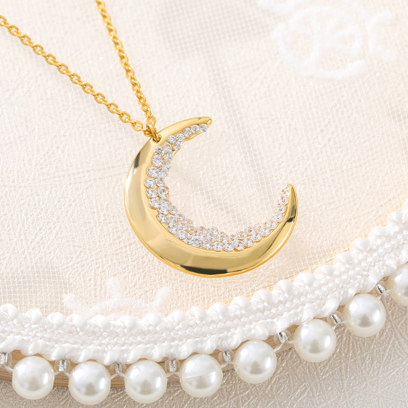Celestial Jewelry Crescent Moon Necklace for Women Bear Bijoux Femme Gold Color Crystal Necklace BFF Collares Mujer