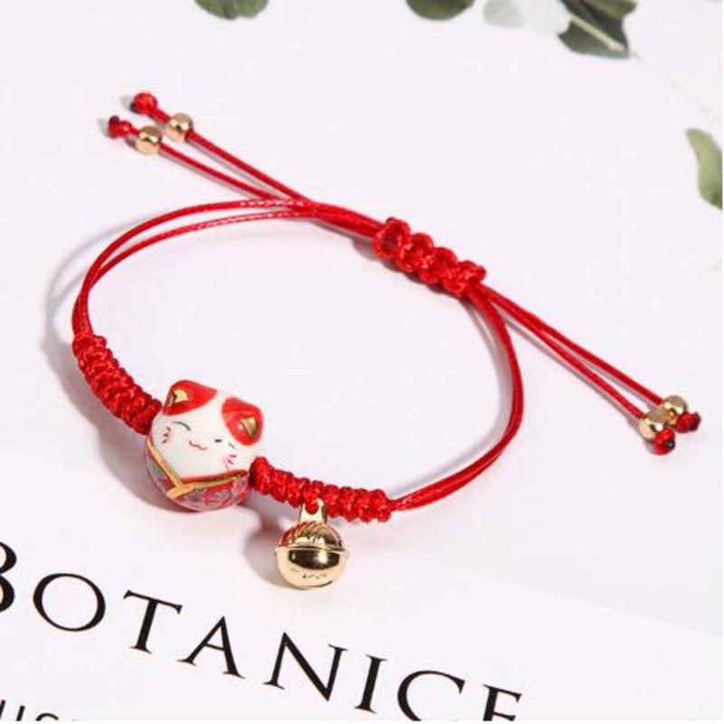 Ceramic Lucky Cat Bell Bracelet Female Student Girlfriends Hand-woven Red Colors Rope Bangle
