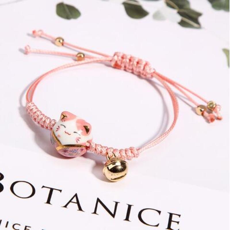 Ceramic Lucky Cat Bell Bracelet Female Student Girlfriends Hand-woven Red Colors Rope Bangle
